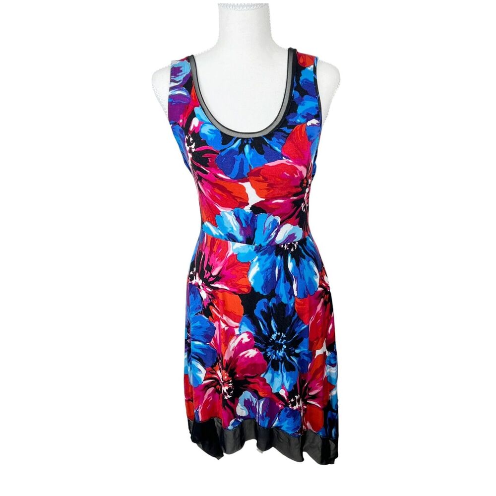 Cable & Gauge Dress Women Large Blue Red Floral Sleeveless Stretch Fit Flare